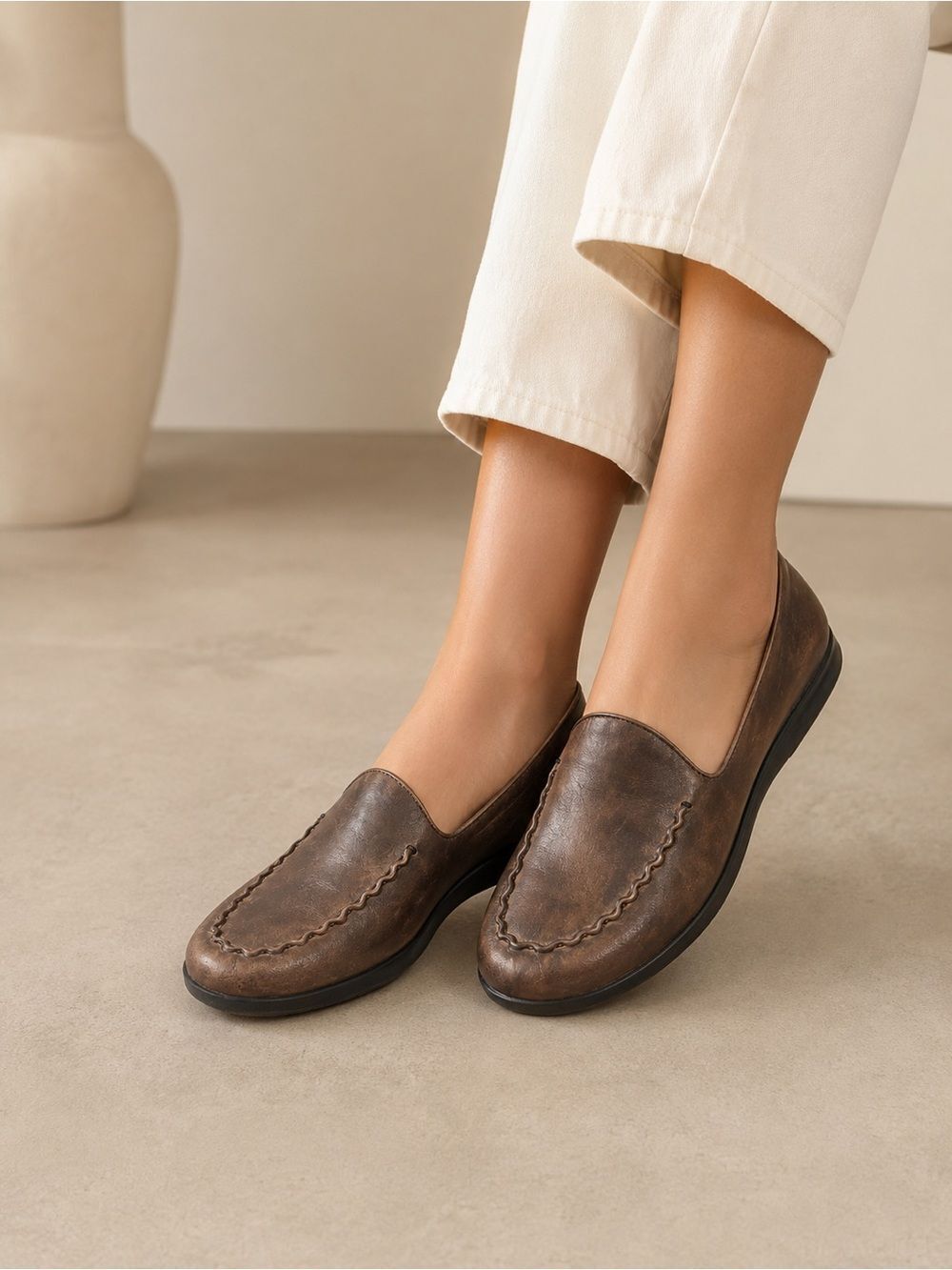 Earth Women's Brown Slip-On Loafer with Stitch Detailing